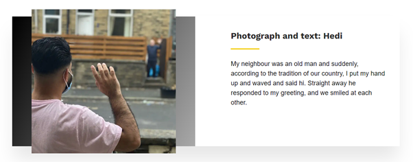 On the left is a photo of a man waving to a neighbour across the street. On the right is some accompanying text. Heading: 'Photograph and text: Hedi'. Text beneath the heading: 'My neighbour was an old man and suddenly, according to the tradition of our country, I put my hand up and waved and said hi. Straight away he responded to my greeting, and we smiled at each other.'