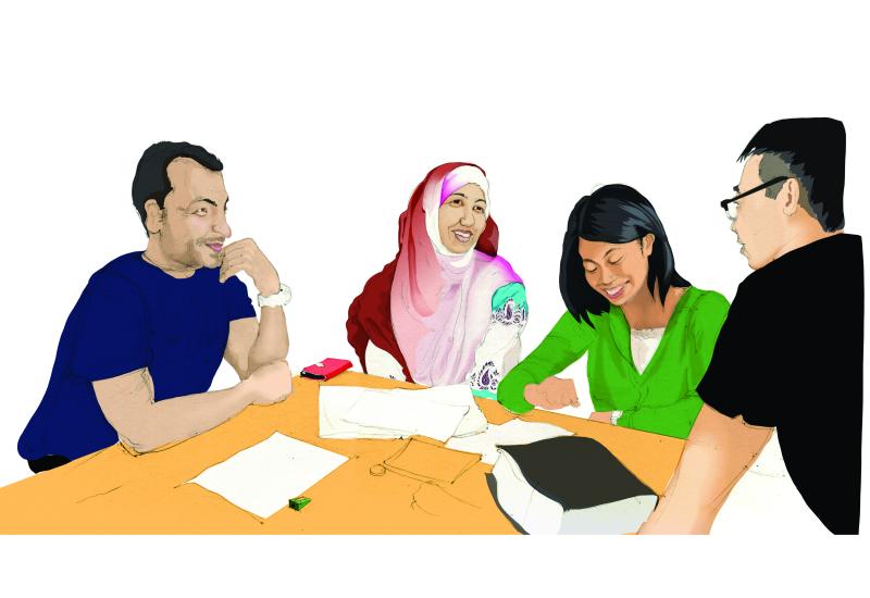 Drawing of a diverse group of four people seated at a table in conversation, with a book and papers in front of them.